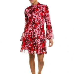 Taylor Red Floral Smocked Waist Mock Neck Dress Size 8 Petite